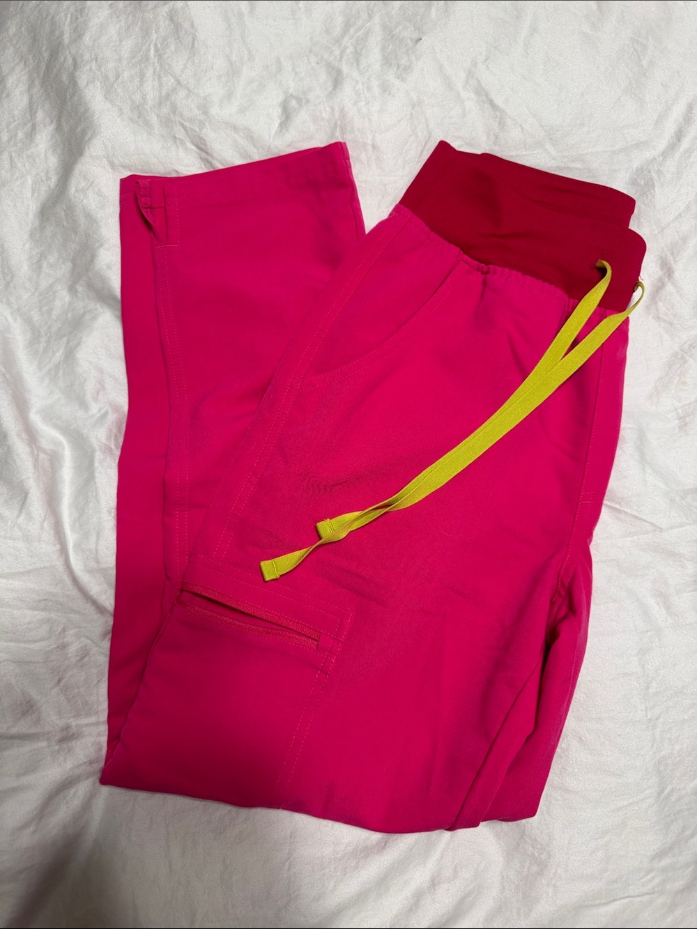 Figs Hot Pink Jogger Pants with Maroon Waistband and Neon Yellow Drawstring